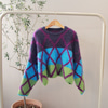 (무배) 오버핏 모헤어 다이아 3단배색 크롭니트 스웨터